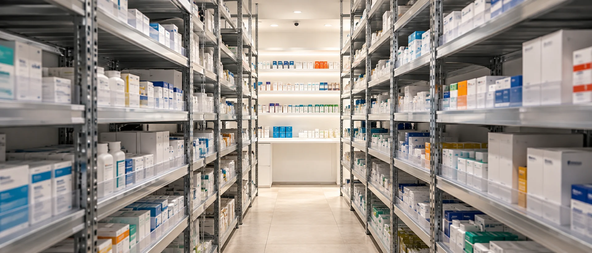 Magazzino farmaceutico con scaffalature per il deposito dei medicinali