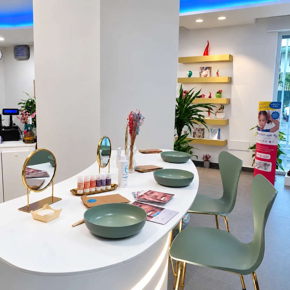 Banco per cosmetica e consulenza con sedute alla Farmacia Nazionale.