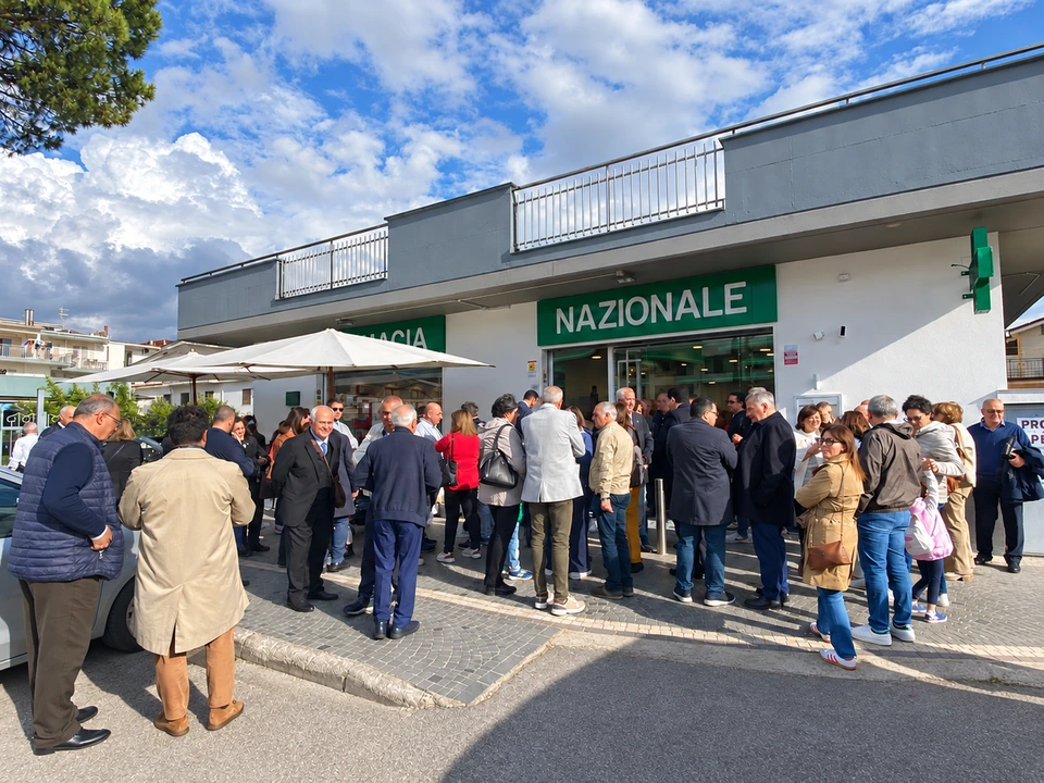 Persone riunite davanti all’ingresso della Farmacia Nazionale durante l’inaugurazione a San Vitaliano.
