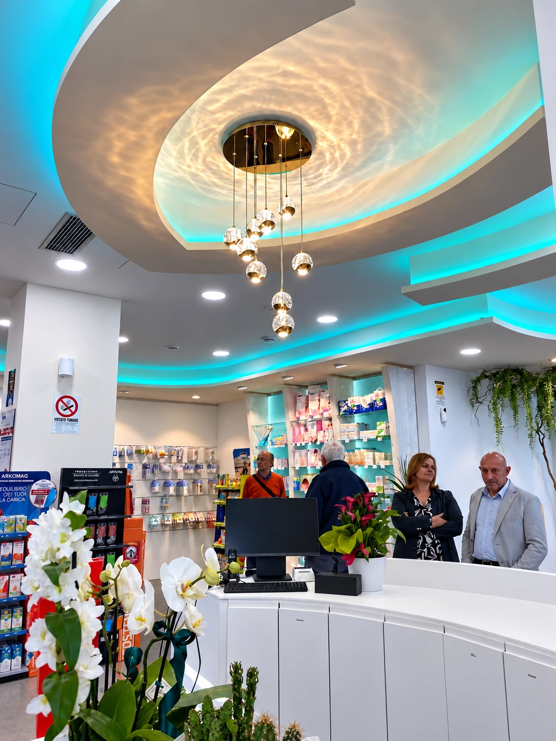 Interno della Farmacia Nazionale con illuminazione integrata e persone.