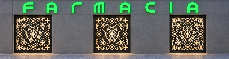 Progetto degli ingressi della Farmacia OASI con cancelli e insegna.