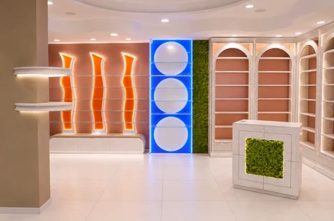 Farmacia OASI — Pareti espositive e luce integrata