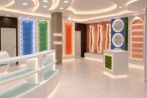 Farmacia OASI — Interni con isole espositive