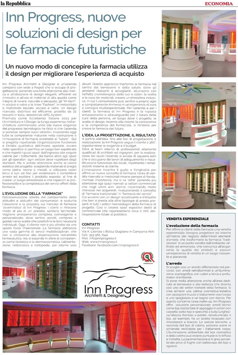 Pagina Economia de la Repubblica del 28 luglio 2023 dedicata alle soluzioni di design INN PROGRESS per farmacie futuristiche