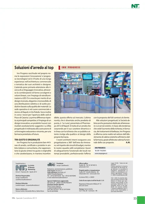 Pagina dello Speciale Cosmofarma di aprile 2013 con l’articolo Soluzioni d’arredo al top dedicato a INN PROGRESS