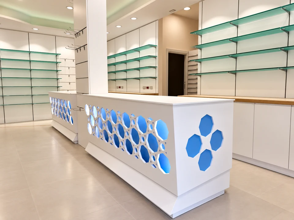 Farmacia Santa Rita — Dettaglio dei banchi e della luce integrata