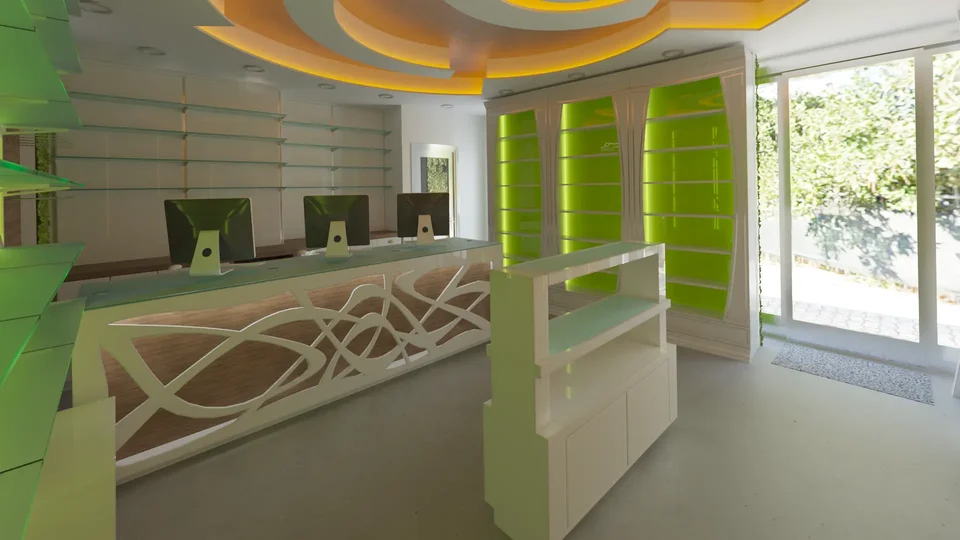 Visualizzazione 3D di una farmacia con banco in legno, arredi e illuminazione integrata.