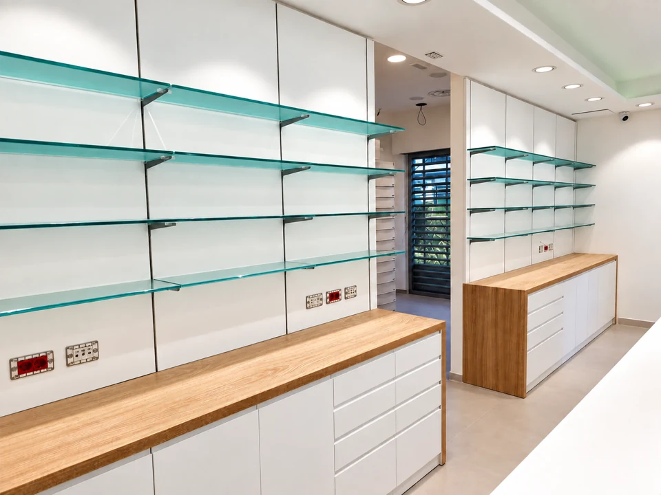 Arredi della Farmacia Santa Rita con ripiani espositivi in vetro.