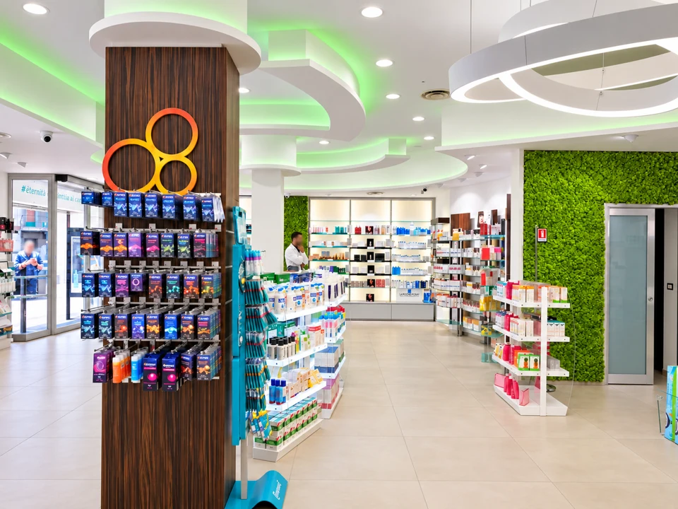 Farmacia Le Colonne — Interni con isole espositive Farmacia Le Colonne — Interni con isole espositive