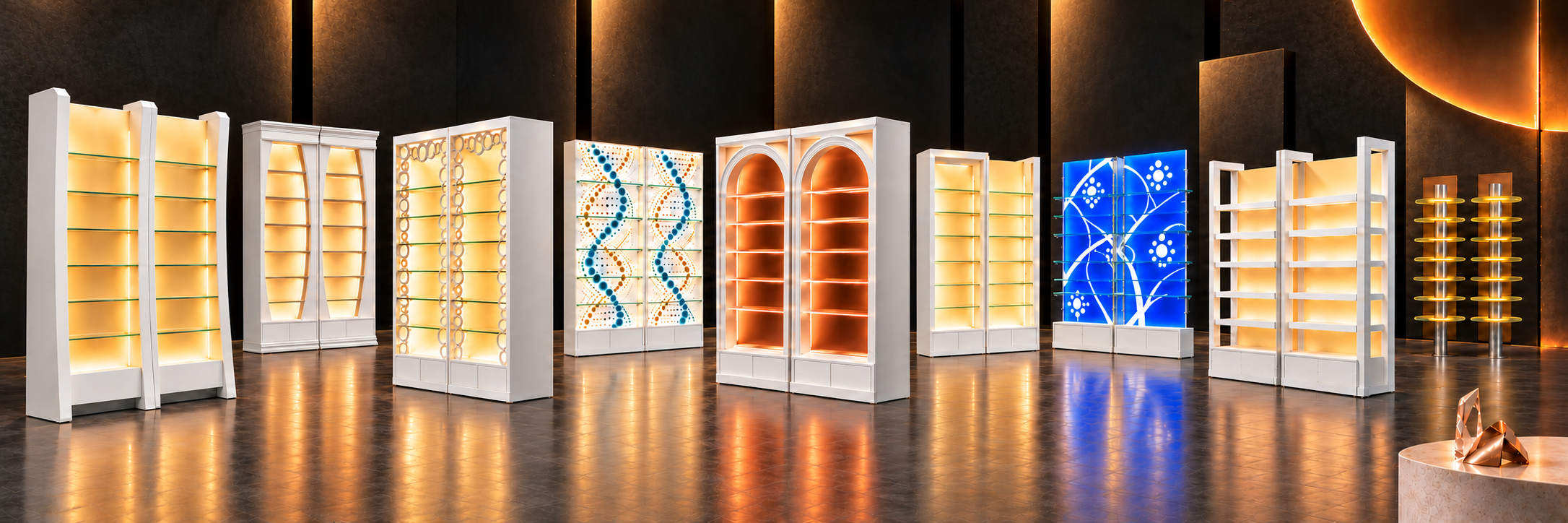 Collezione arredi farmacia INN PROGRESS Collezione di arredi per farmacia INN PROGRESS con espositori, ripiani e fondali luminosi.