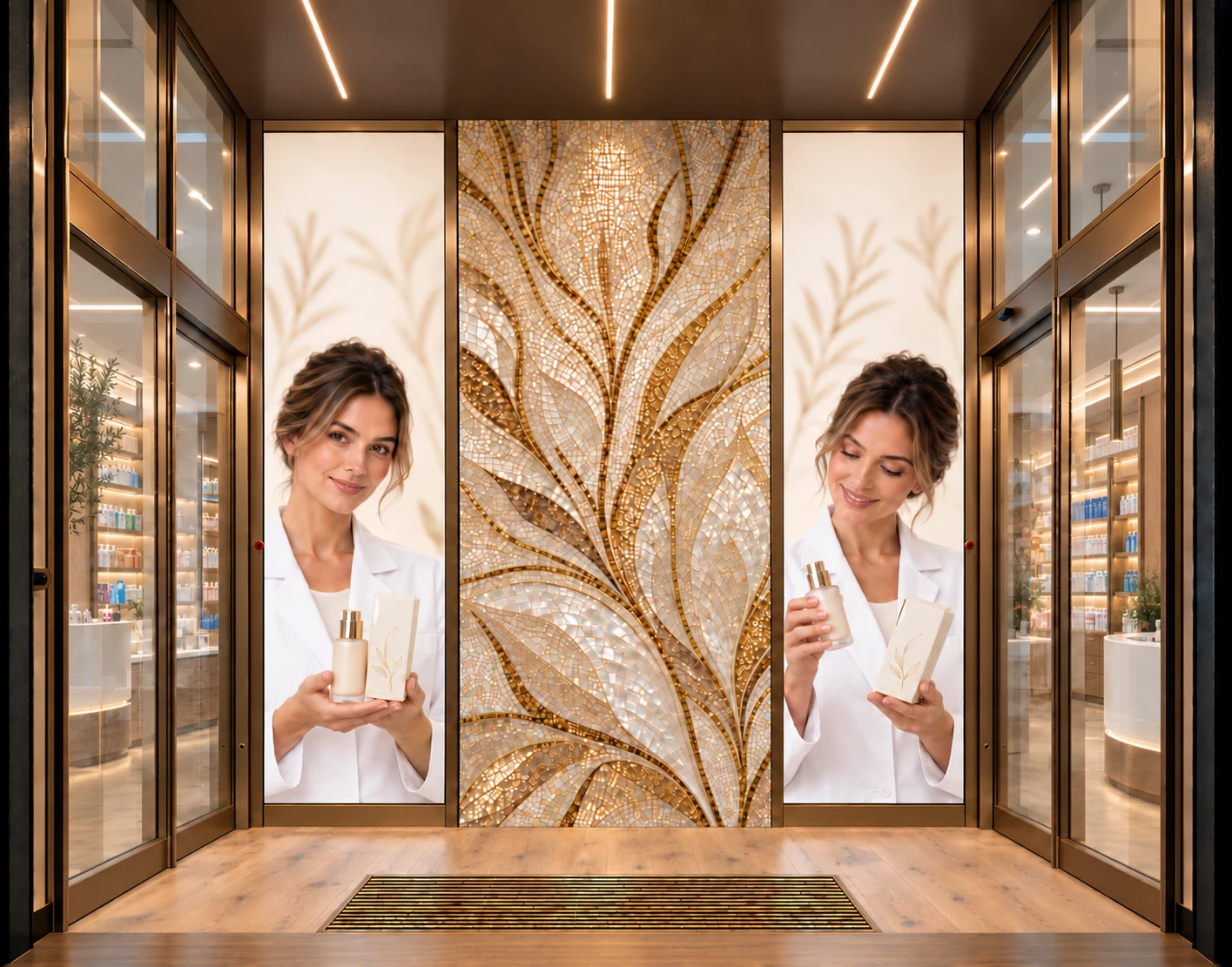 Ingresso Farmastore con arredi Class Rock visibili attraverso le vetrate laterali.