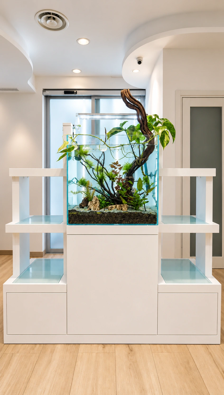 Espositore con acquario visto verso l’ingresso
