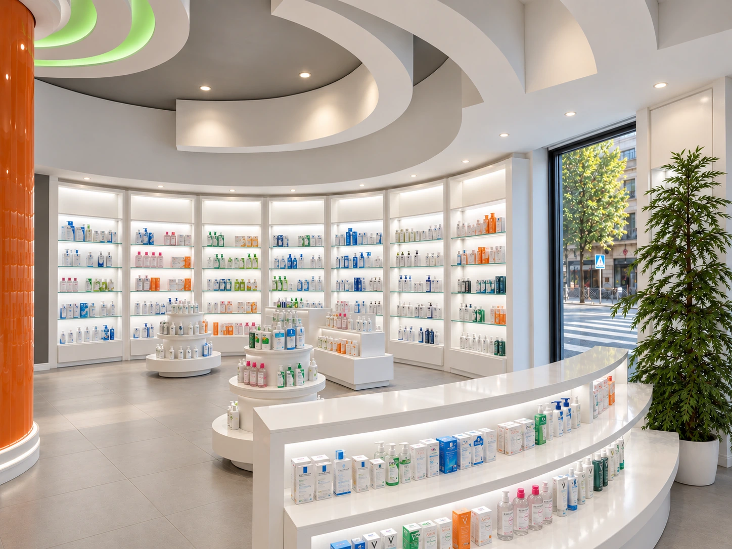 Colonna e sistemi espositivi all’interno di una farmacia.