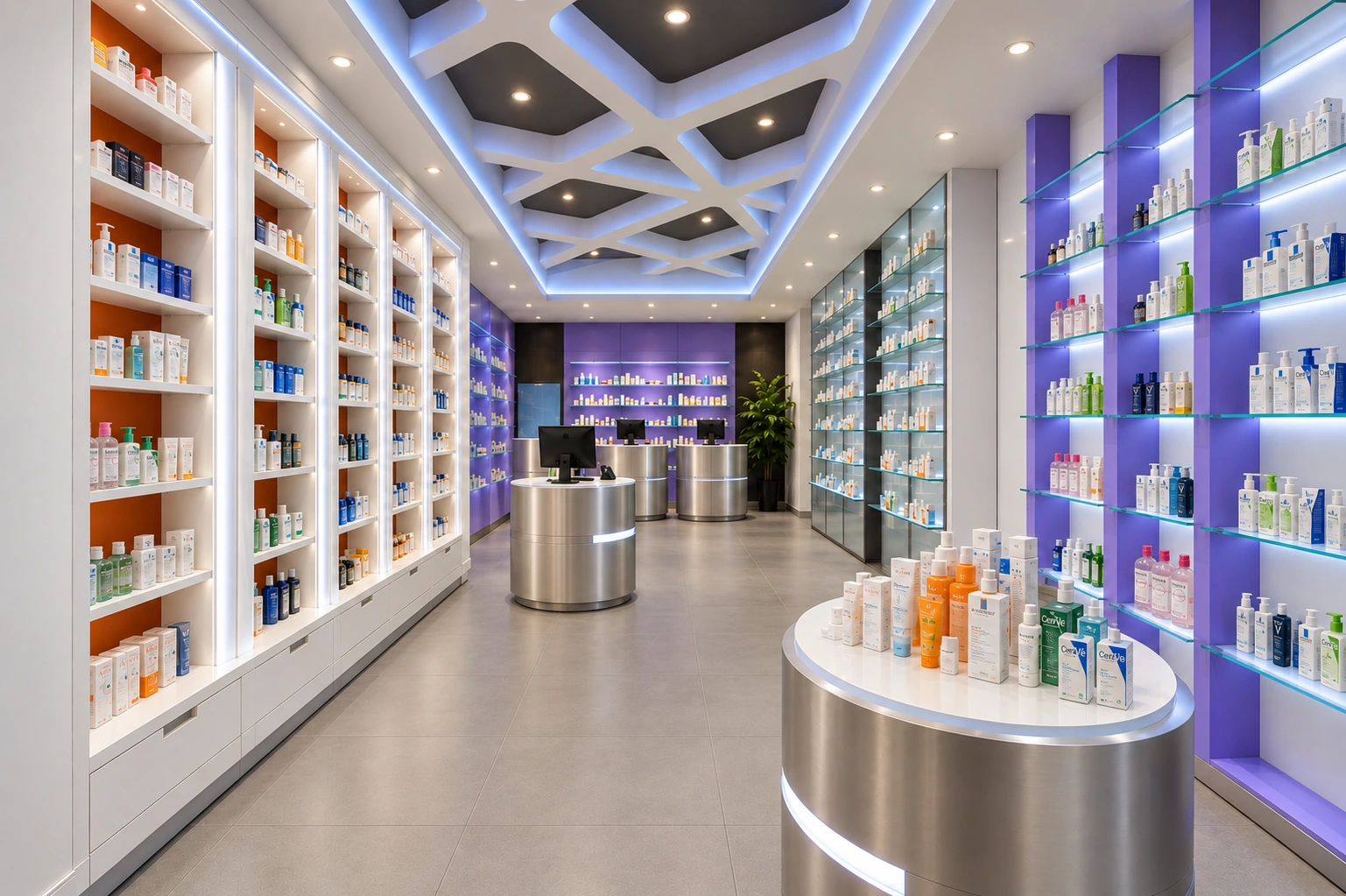 Interno di una farmacia con banchi.
