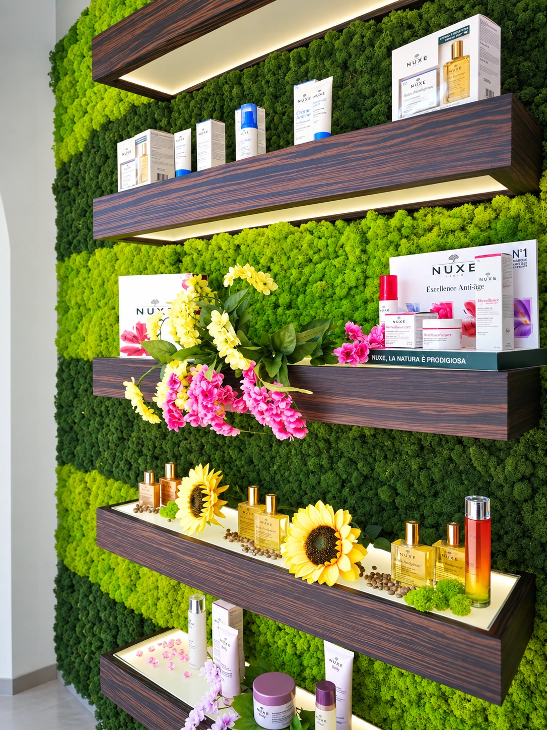 Farmacia Le Colonne — Mensole per l’esposizione dei cosmetici